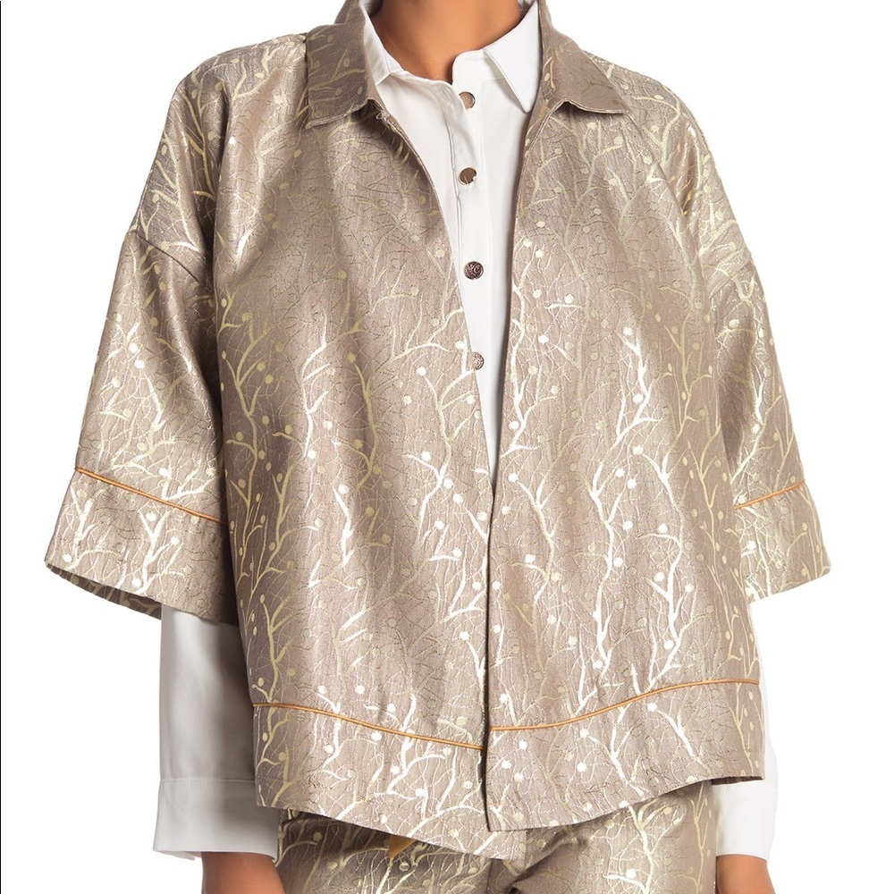 WHY DRESS Kimono Jacket Brocade Tan & Gold - M NWOT